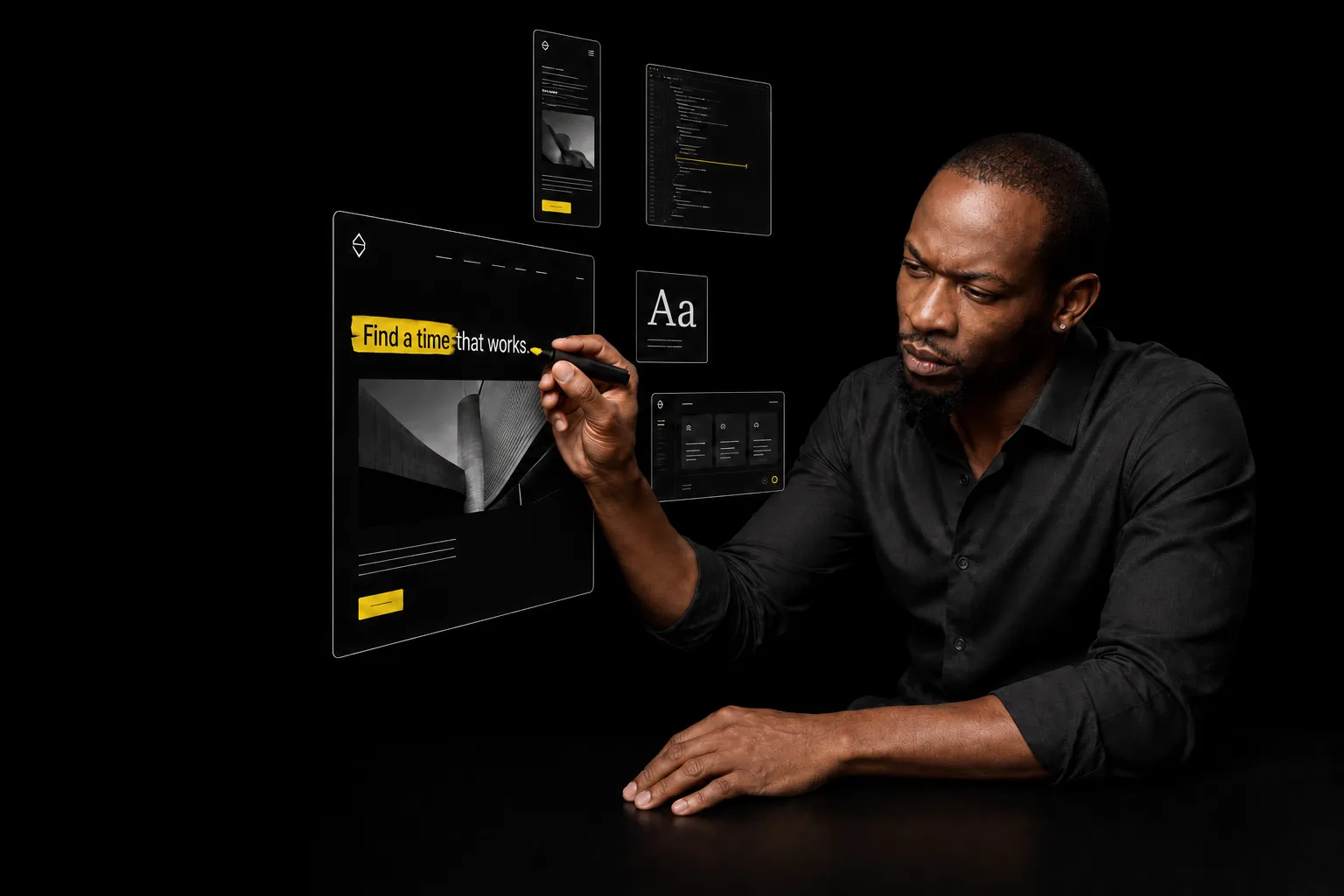 Kasan Francis marking a website headline with a citrine highlighter, surrounded by floating panels showing the site's design, its mobile layout, its code, a type specimen and an app dashboard